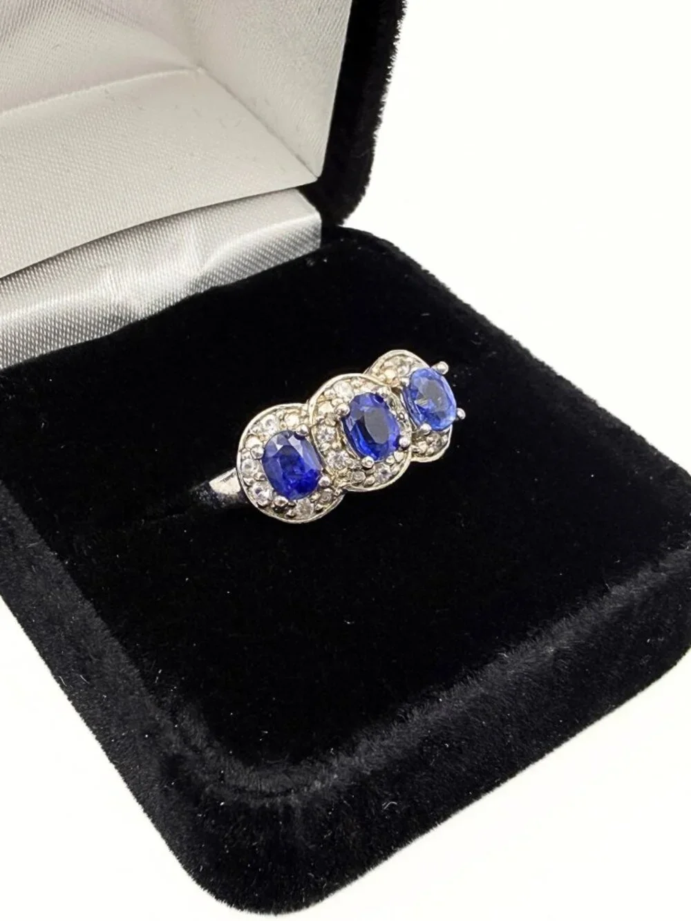 Contemporary Marked Sterling Silver Blue Topaz CZ Trilogy Halo Ring Sz 10.75